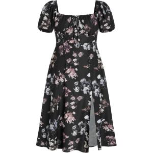 CIDER Plus Size Midi Dress Summer Fruit Patterned Square Neck Puff Sleeve Boho Vacation Casual Midi Dress for Curvy Women(Carbon)