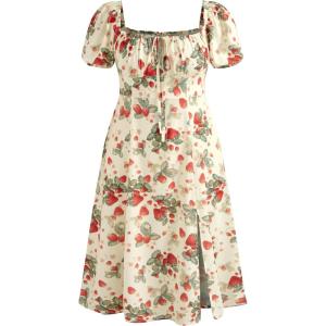 CIDER Plus Size Midi Dress Summer Fruit Patterned Square Neck Puff Sleeve Boho Vacation Casual Midi Dress for Curvy Women(Cream)