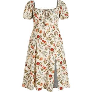 CIDER Plus Size Midi Dress Summer Fruit Patterned Square Neck Puff Sleeve Boho Vacation Casual Midi Dress for Curvy Women(Ivory)