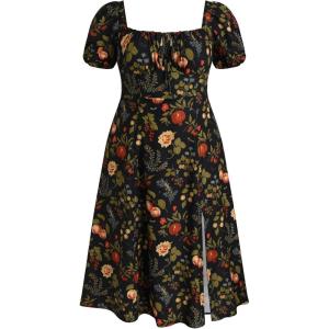 CIDER Plus Size Midi Dress Summer Fruit Patterned Square Neck Puff Sleeve Boho Vacation Casual Midi Dress for Curvy Women(Multicolor)