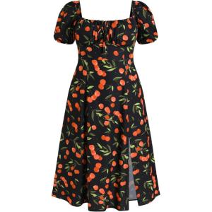 CIDER Plus Size Midi Dress Summer Fruit Patterned Square Neck Puff Sleeve Boho Vacation Casual Midi Dress for Curvy Women(Red)