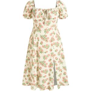 CIDER Plus Size Midi Dress Summer Fruit Patterned Square Neck Puff Sleeve Boho Vacation Casual Midi Dress for Curvy Women(White)