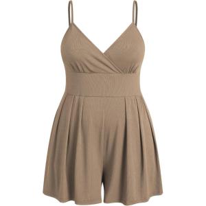 CIDER Plus Size Rompers For Curvy Women V Neck Sleeveless Spaghetti Strap Wide Leg Shorts Overalls Jumpsuit Summer Outfits(Khaki)