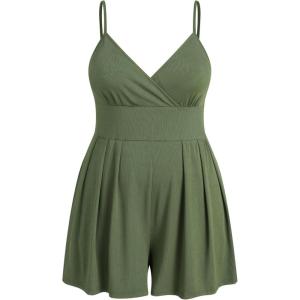 CIDER Plus Size Rompers For Curvy Women V Neck Sleeveless Spaghetti Strap Wide Leg Shorts Overalls Jumpsuit Summer Outfits(Olive Green)