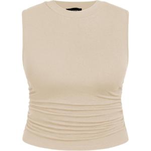 CIDER Plus Size Tops for Women Sleeveless Ruched Crew Neck Crop Tank Top Summer Casual Outfits(Beige)