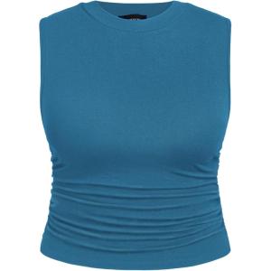CIDER Plus Size Tops for Women Sleeveless Ruched Crew Neck Crop Tank Top Summer Casual Outfits(Blue)