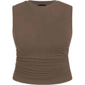 CIDER Plus Size Tops for Women Sleeveless Ruched Crew Neck Crop Tank Top Summer Casual Outfits(Coffee)