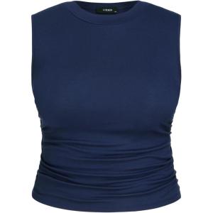 CIDER Plus Size Tops for Women Sleeveless Ruched Crew Neck Crop Tank Top Summer Casual Outfits(Dark Navy)