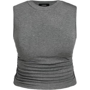 CIDER Plus Size Tops for Women Sleeveless Ruched Crew Neck Crop Tank Top Summer Casual Outfits(Grey)