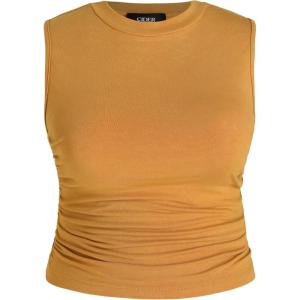 CIDER Plus Size Tops for Women Sleeveless Ruched Crew Neck Crop Tank Top Summer Casual Outfits(Orange)
