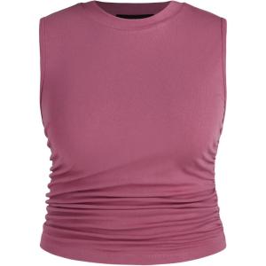 CIDER Plus Size Tops for Women Sleeveless Ruched Crew Neck Crop Tank Top Summer Casual Outfits(Pink)