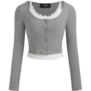 CIDER Rib Button Long Sleeve Top with Ruffle Hem Cami Top(Grey)