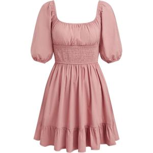 CIDER Ruched Puff Sleeve Dress Square Neck Ruffle Mini Casual Summer Dress(Pink)