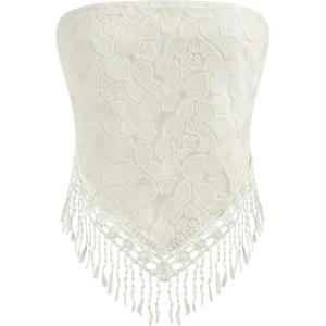 CIDER Santorini Beach Vacation Floral Lace Tassel Crop Tube Top(White)