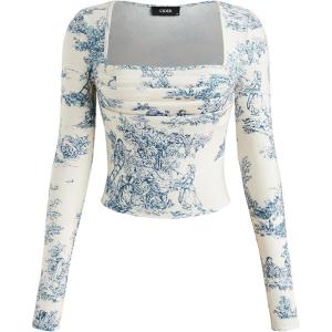 CIDER Santorini Beach Vacation Toile de Jouy Square Neck Ruched Long Sleeve Crop Top(Blue)