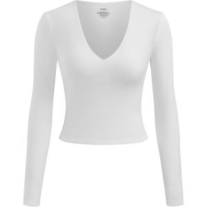 CIDER Second Skin Double Layered V-Neck Solid Long Sleeve Tee for Women(White)