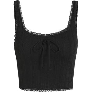 CIDER Solid Lace Trim Bowknot Rib Knit Tank Top(Black)