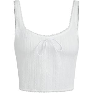 CIDER Solid Lace Trim Bowknot Rib Knit Tank Top(White)