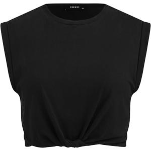 CIDER Solid Round Neckline Twist Short Sleeve Crop Top Curve & Plus(Black)