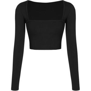 CIDER Solid Square Neck Knitted Crop Top(Black)