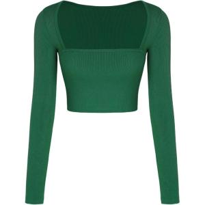 CIDER Solid Square Neck Knitted Crop Top(Green)