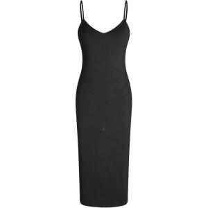 CIDER Solid V-Neck Cami Midi Dress(Black)
