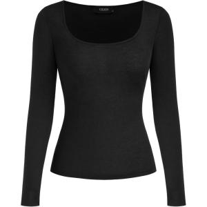 CIDER Square Neck Tops for Women Sheer Solid Long Sleeve Basic Tee Shirt Top(Black)