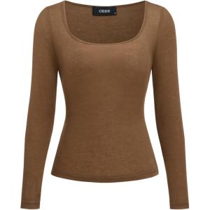 CIDER Square Neck Tops for Women Sheer Solid Long Sleeve Basic Tee Shirt Top(Brown)