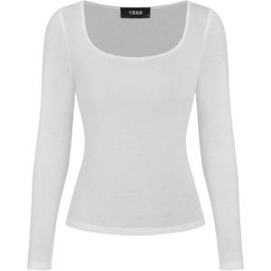 CIDER Square Neck Tops for Women Sheer Solid Long Sleeve Basic Tee Shirt Top(White)