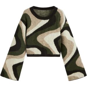 CIDER Striped Cropped Sweaters for Women Oversized Crewneck Long Sleeve Knitted Pullover Sweater 2025(Olive Green)