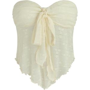 CIDER Summer Tube Tops for Women Floral Tie Front Cute Tops Sexy Going Out Tops Trendy Strapless Mesh Flowy Top Casual(Beige)