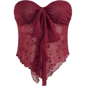 CIDER Summer Tube Tops for Women Floral Tie Front Cute Tops Sexy Going Out Tops Trendy Strapless Mesh Flowy Top Casual(Burgandy)