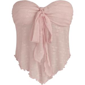 CIDER Summer Tube Tops for Women Floral Tie Front Cute Tops Sexy Going Out Tops Trendy Strapless Mesh Flowy Top Casual(Light Pink)