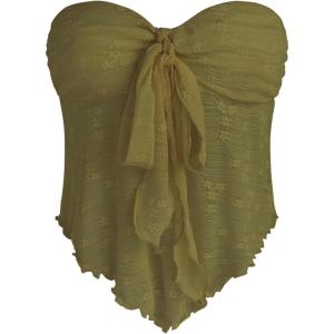 CIDER Summer Tube Tops for Women Floral Tie Front Cute Tops Sexy Going Out Tops Trendy Strapless Mesh Flowy Top Casual(Olive Green)
