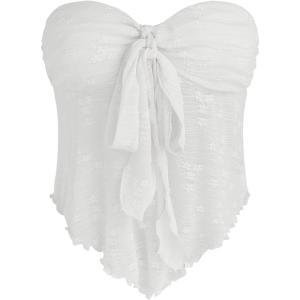 CIDER Summer Tube Tops for Women Floral Tie Front Cute Tops Sexy Going Out Tops Trendy Strapless Mesh Flowy Top Casual(White)