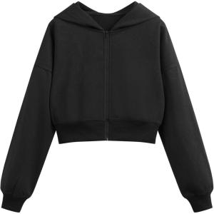 CIDER Terry Solid Zipper Crop Hoodie(Black)
