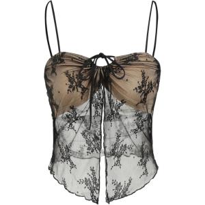 CIDER Tie Up Lace Floral Cami Crop Top(Black)