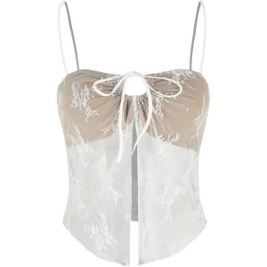 CIDER Tie Up Lace Floral Cami Crop Top(White)