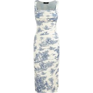 CIDER Toile de Jouy Ruched Split Maxi Dres(Blue)