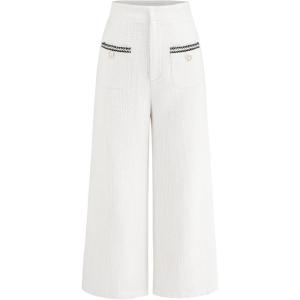 CIDER Tweed Mid Waist Solid Button Wide Leg Trousers(White)