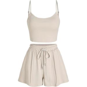 CIDER Two Piece Sets for Women Pajama Sets Short Sets Crop Tops & Dawstring Wide Leg Shorts Going Out Sets Summer 2025(Beige)