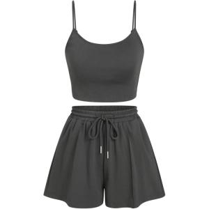 CIDER Two Piece Sets for Women Pajama Sets Short Sets Crop Tops & Dawstring Wide Leg Shorts Going Out Sets Summer 2025(Grey)