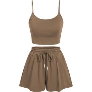 CIDER Two Piece Sets for Women Pajama Sets Short Sets Crop Tops & Dawstring Wide Leg Shorts Going Out Sets Summer 2025(Khaki)