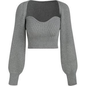 CIDER Two-Piece Rib Knit Long Sleeve Crop Top(Grey)
