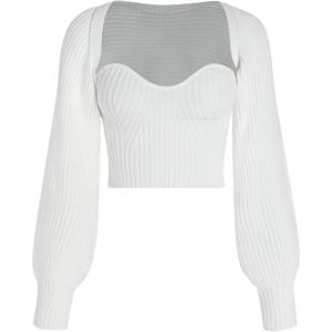 CIDER Two-Piece Rib Knit Long Sleeve Crop Top(White)