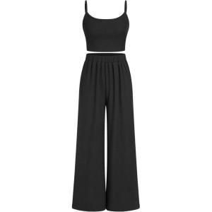 CIDER U-neckline Button Solid Cardigan & Crop Tank Top & Elastic Waist Trousers Matching Set(Black)