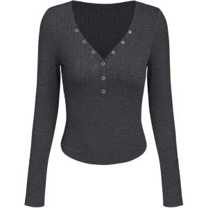 CIDER V-Neck Elastic Button Long Sleeve Top(Grey)