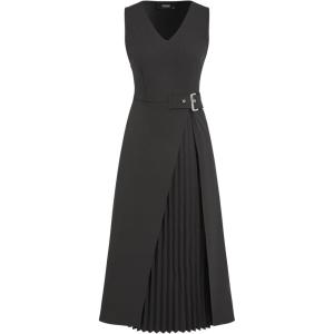 CIDER V-Neck Solid Split Midi Dress(Black)