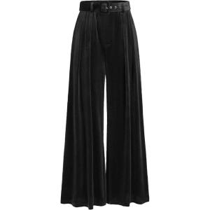CIDER Velvet Mid Waist Pocket Wide Leg Trousers with Belt(Black)