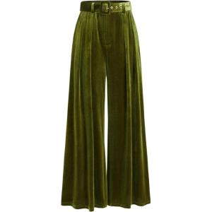 CIDER Velvet Mid Waist Pocket Wide Leg Trousers with Belt(Green)